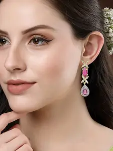 PRIVIU Gold-Plated American Diamond Studded Teardrop Shaped Drop Earrings