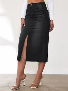 all about you Denim Front-Slit A-Line Midi Skirt