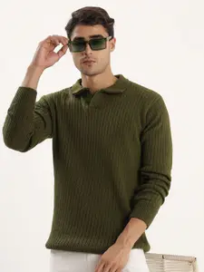 KVETOO Men Polo Collar Ribbed Woolen Pullover