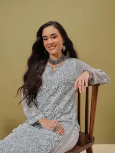 ADA Women Grey Plus Size Embroidered Georgette Handloom Georgette Handloom Kurta With Matching Slip