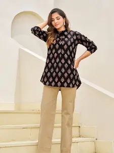 KALINI Women Ethnic Motifs Hand Block Printed Mandarin Collar Short Kurti