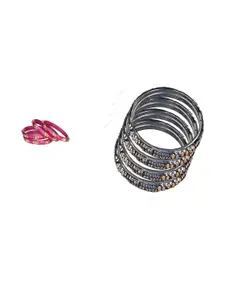 SOMIL Women Set Of 2 Grey & Pink Glass Artificial Stones Bangles