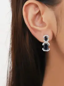 PRIVIU Silver-Plated American Diamond Studded Oval Shaped Drop Earrings