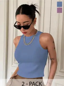 TOOCHKI Women Pack of 2 Ribbed Round Neck Tank Crop Top