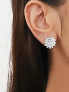 PRIVIU Silver-Plated American Diamond Studded Floral Shaped Studs