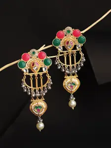 DIVASTRI Gold-Plated Artificial Stones Studded And Ghungroo Beaded Contemporary Jhumkas