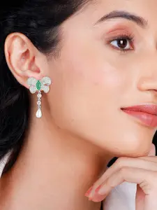 PRIVIU Silver-Plated American Diamond Studded Butterfly Shaped Drop Earrings