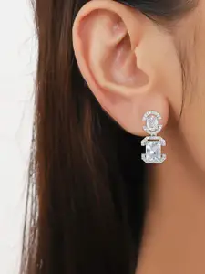 PRIVIU Silver-Plated American Diamond Studded Oval Shaped Drop Earrings