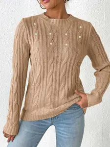 bebe Geometric Self Design Round Neck Pullover with Applique Detail