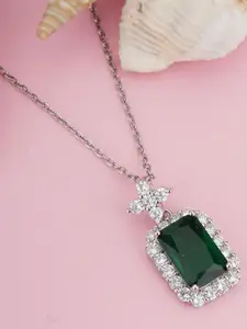 Bishty Fashion Stainless Steel Silver-Plated Onyx Studded Chain With Pendant