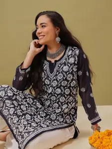 ADA Women Navy Blue & White Embroidered Chikankari  Handloom Kurta with Matching Slip