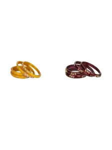 SOMIL Set of 8 Yellow and Maroon Glass Artificial Stones Bangles