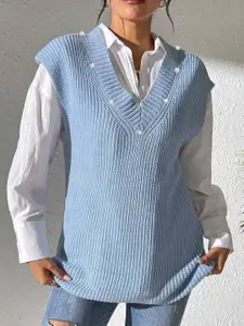 bebe Women Ribbed Self Design V-Neck Sleeveless Sweater Vest