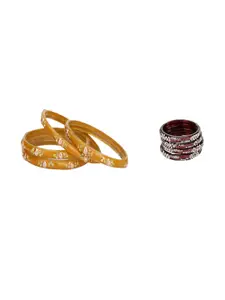 SOMIL Set Of 8 Yellow and Maroon Glass Artificial Stones Bangles