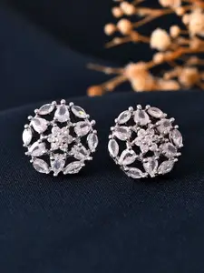 Silvermerc Designs Silver-Plated Floral Shaped American Diamond Studded Studs Earrings