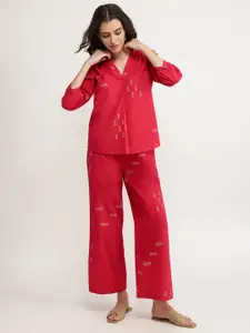Pink Fort Printed Pure Cotton V Neck Top With Trousers Co-Ords Set
