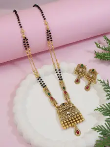 I Jewels Gold-Plated Artificial Stones Studded & Beaded Mangalsutra With Earrings
