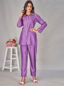 AUTUMN LANE Embroidered Shirt Collar Neck Top With Trousers Co-Ords