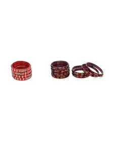 Somil Set of 12 Red & Maroon Glass Artificial Stones And Beaded Bangles Set