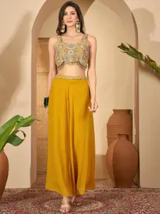 Sangria Floral Embroidered Crop Top & Palazzo With Shrug Co-Ord Set