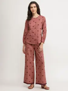 Pink Fort Printed Pure Cotton Round Neck Top With Trousers Co-Ords Set