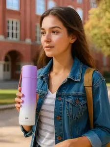 iSWEVEN Purple & White Stainless Steel Double Wall Vacuum Water Bottle-500 ml