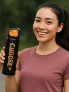 iSWEVEN Black & Beige Stainless Steel Double Wall Vacuum Water Bottle-500 ml