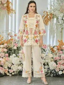 AUTUMN LANE Embrodiered Square Neck Top Shrug With Trousers Co-Ords