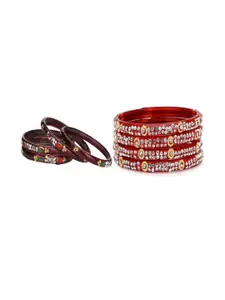 Somil Set of 8 Red & Maroon Glass Artificial Stones And Beaded Bangles Set