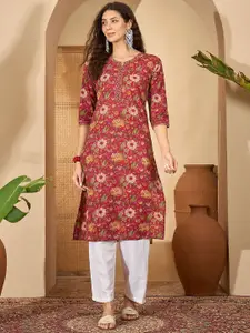 Sangria Floral Printed Notch Neck Pure Cotton Straight Kurta