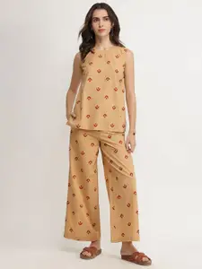 Pink Fort Printed Pure Cotton Round Neck Top With Trousers Co-Ords Set