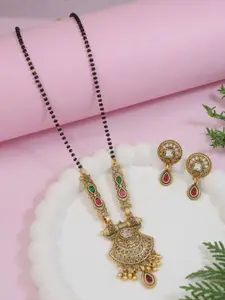 I Jewels Gold-Plated Artificial Stones Studded & Beads Mangalsutra With Earrings