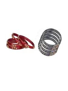Somil Elegant Women Grey & Red Pack Of 8 Handmade Traditional Glass Bangle Set