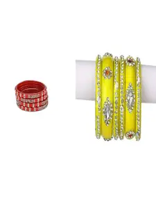 Somil Set of 10 Red & Yellow Glass Artificial Stones And Beaded Bangles Set