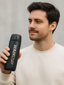 iSWEVEN Blue Stainless Steel Printed Double Wall Vacuum Thermos Flask Water Bottle-420 ml