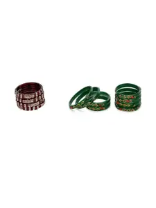 SOMIL Set Of 12 Maroon and Green Glass Artificial Stones Bangles
