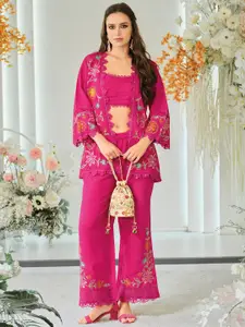 AUTUMN LANE Embroidered Round Neck Top Jacket With Trousers Co-Ords