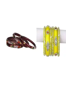 Somil Elegant Women Maroon & Yellow Pack Of 10 Handmade Traditional Glass Bangle Set