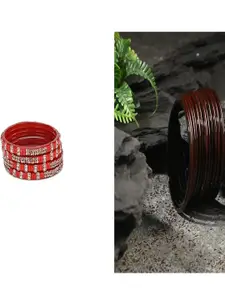 Somil Elegant Women Brown & Red Pack Of 16 Handmade Traditional Glass Bangle Set