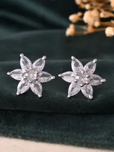 Silvermerc Designs Silver-Plated Floral Shaped American Diamond Studded Studs Earrings