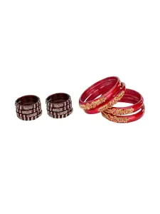 Somil Set of 12 Red & Maroon Glass Artificial Stones And Beaded Bangles Set