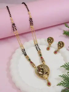 I Jewels Gold-Plated Artificial Stones Studded & Beaded Mangalsutra With Earrings