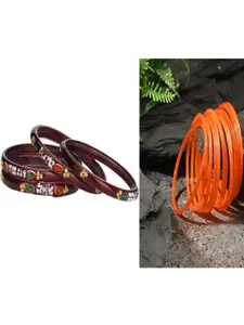 Somil Set of 16 Maroon & Orange Glass Artificial Stones And Beaded Bangles Set
