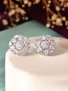 Silvermerc Designs Silver-Plated Floral Shaped American Diamond Studded Studs Earrings