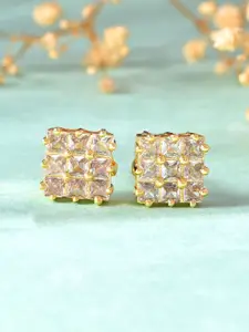 Silvermerc Designs Gold-Plated Square Shaped American Diamond Studded Studs Earrings