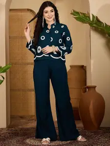 Sangria Embroidered Mandarin Collar Top with Palazzos Co-Ords