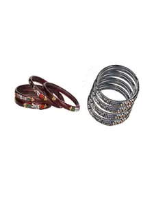 Somil Set of 8 Maroon & Grey Glass Artificial Stones And Beaded Bangles Set