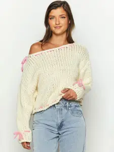 all about you Women Open Knit Round Neck Pullover Sweaters