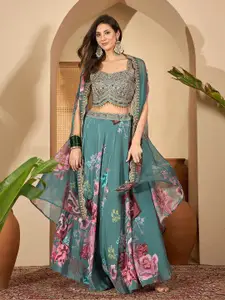 Sangria Floral Embroidered Satin Zari Lehenga & Choli With Shrug