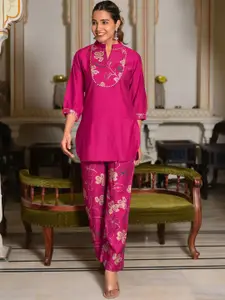 DISHWA FASHION Floral Printed Pure Silk Mandarin Collar Top with Trousers Co-Ords